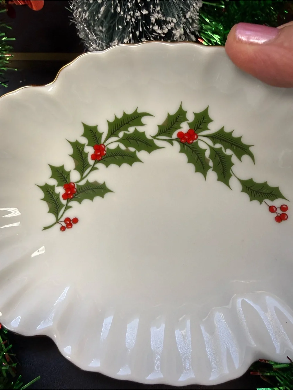 Vintage Ruffled Candy Dish Holiday Holly - White with Green & Red made in Japan